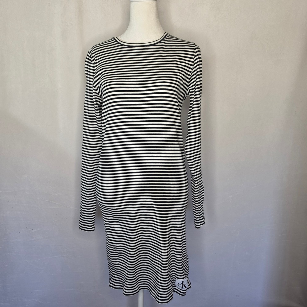 Calvin Klein Jeans Womens Striped Ribbed Long Sleeve Mini Dress Black White M